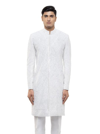 White paisley embroidery sherwani set