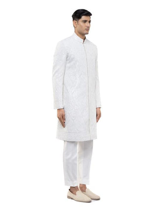 White paisley embroidery sherwani set