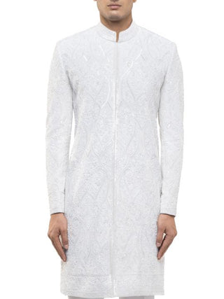 White paisley embroidery sherwani set