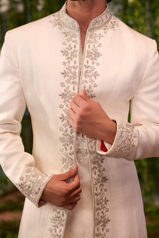 Sherwani Set for Indian Wedding - Ivory Chardi Kala Shvet Agni Sherwani Set by Jigar and Nikita at Mrs. G