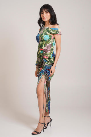 Multicolor Chaya Gaia Ruched Dress – Elegant Daytime Affair Dress by Advait