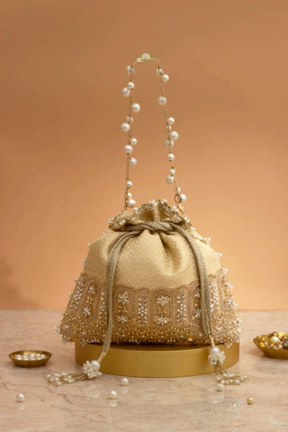 Potli Bag for Indian Wedding – Cream Geet Brocade Embellished by Amyra