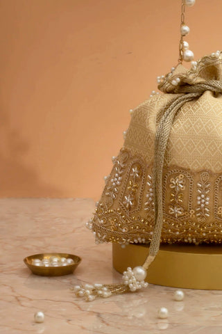 Potli Bag for Indian Wedding – Cream Geet Brocade Embellished by Amyra