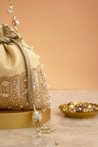 Potli Bag for Indian Wedding – Cream Geet Brocade Embellished by Amyra