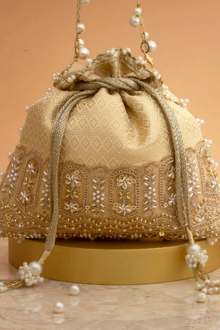 Potli Bag for Indian Wedding – Cream Geet Brocade Embellished by Amyra