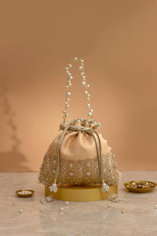 Potli Bag for Indian Wedding – Peach Geet Brocade Embellished by Amyra