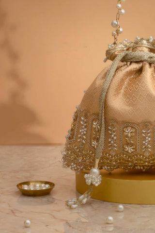 Potli Bag for Indian Wedding – Peach Geet Brocade Embellished by Amyra
