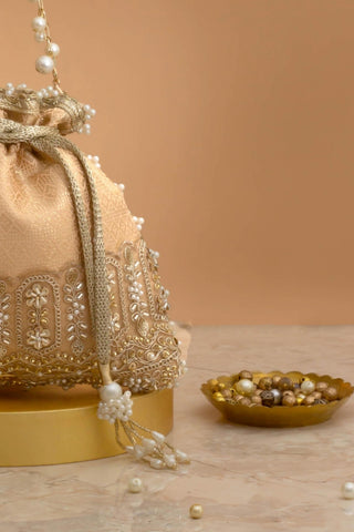 Potli Bag for Indian Wedding – Peach Geet Brocade Embellished by Amyra
