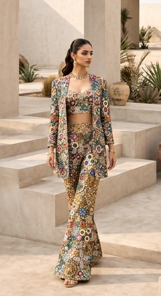 Jacket Set Printed Wear - Multicolor Phool Mahal Jacket Set by Banjara Trail