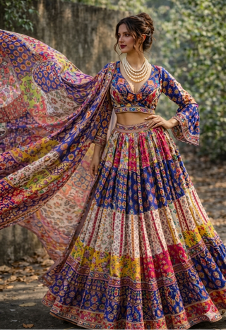 Lehenga Set Bohemian Wear - Multicolor Patchwork Mirror Lehenga Set by Banjara Trail