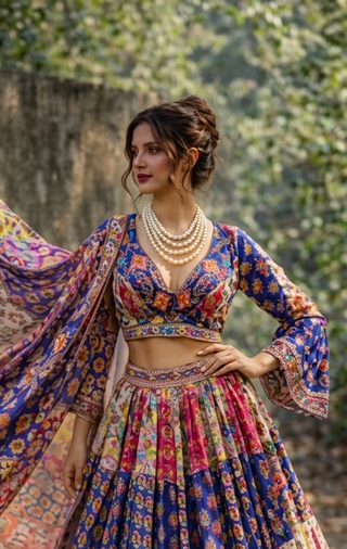 Lehenga Set Bohemian Wear - Multicolor Patchwork Mirror Lehenga Set by Banjara Trail
