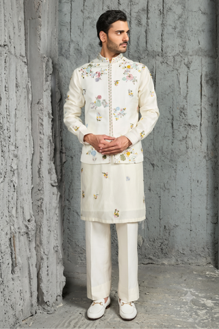 Waistcoat Set for Indian Wedding - Ivory Gulmohar Set by Sarab Khanijou