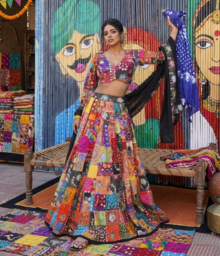 Lehenga Set Bohemian Wear - Multicolor Patchwork Lehenga Set by Banjara Trail