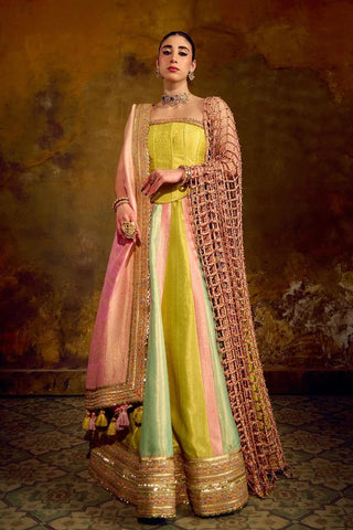 Pastel Multicolor Jaal Dupatta with Ghunghroo Detailing by Muskkaan Kapadia