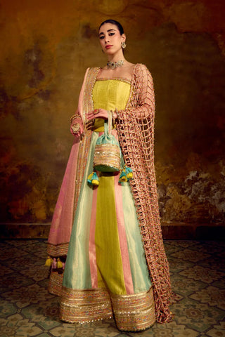 Pastel Multicolor Jaal Dupatta with Ghunghroo Detailing by Muskkaan Kapadia