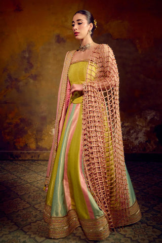 Pastel Multicolor Jaal Dupatta with Ghunghroo Detailing by Muskkaan Kapadia