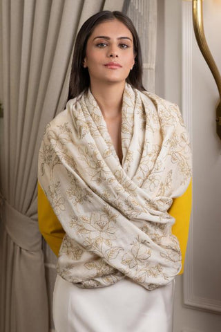 Stole Indian Wedding - Ivory Glitz Cherry Blossom Fine Merino Wool by Mauli