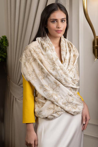 Stole Indian Wedding - Ivory Glitz Cherry Blossom Fine Merino Wool by Mauli