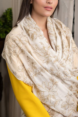 Stole Indian Wedding - Ivory Glitz Cherry Blossom Fine Merino Wool by Mauli