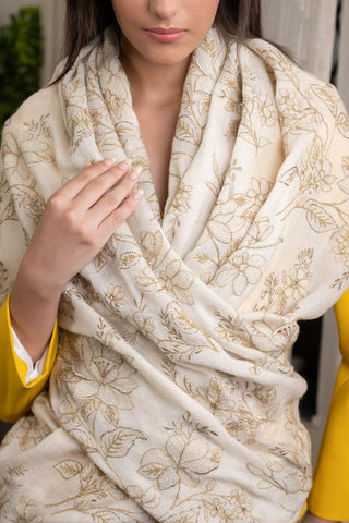 Stole Indian Wedding - Ivory Glitz Cherry Blossom Fine Merino Wool by Mauli