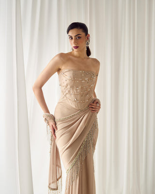 Saree Set Modernist Wear - Beige Corset Saree by Sanya Gulati