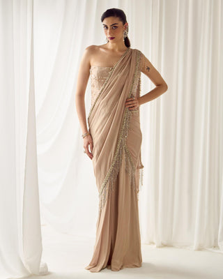 Saree Set Modernist Wear - Beige Corset Saree by Sanya Gulati