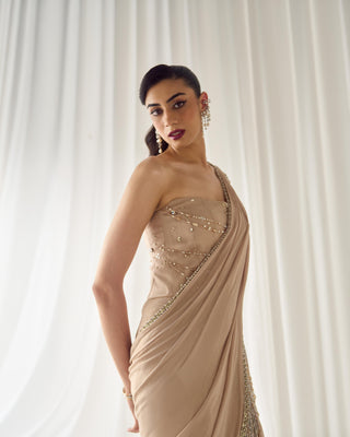 Saree Set Modernist Wear - Beige Corset Saree by Sanya Gulati