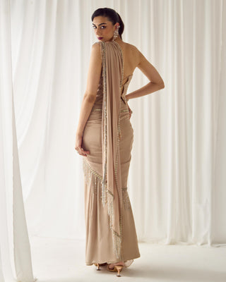 Saree Set Modernist Wear - Beige Corset Saree by Sanya Gulati