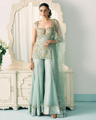 Sharara Set Tiered Wear - Green Sharara Set by Sanya Gulati
