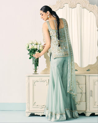 Sharara Set Tiered Wear - Green Sharara Set by Sanya Gulati