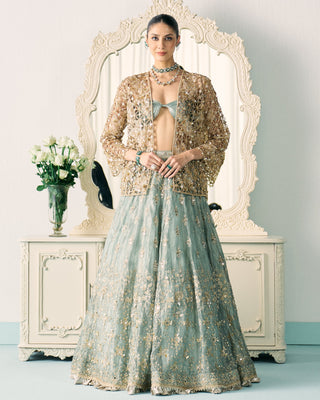 Jacket Set Structured Wear - Green Tissue Jacket Set by Sanya Gulati