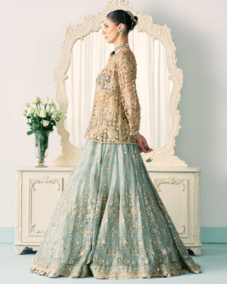 Jacket Set Structured Wear - Green Tissue Jacket Set by Sanya Gulati