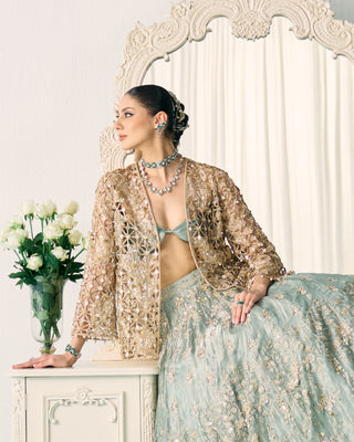 Jacket Set Structured Wear - Green Tissue Jacket Set by Sanya Gulati