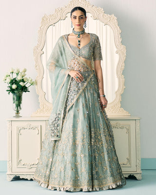 Lehenga Set Metallic Wear - Green Tissue Lehenga by Sanya Gulati