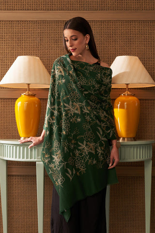 Stole Indian Wedding - Green Golden Peony Fine Merino Wool by Mauli