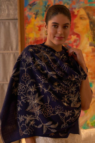 Stole Indian Wedding - Blue Golden Peony Fine Merino Wool by Mauli