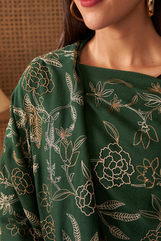 Stole Indian Wedding - Green Golden Peony Fine Merino Wool by Mauli