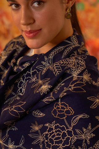 Stole Indian Wedding - Blue Golden Peony Fine Merino Wool by Mauli