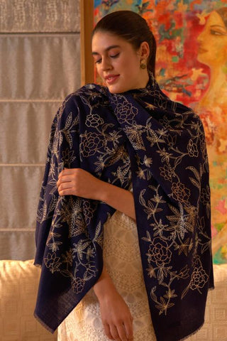 Stole Indian Wedding - Blue Golden Peony Fine Merino Wool by Mauli