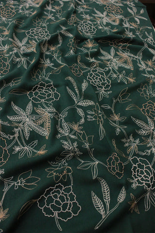 Stole Indian Wedding - Green Golden Peony Fine Merino Wool by Mauli