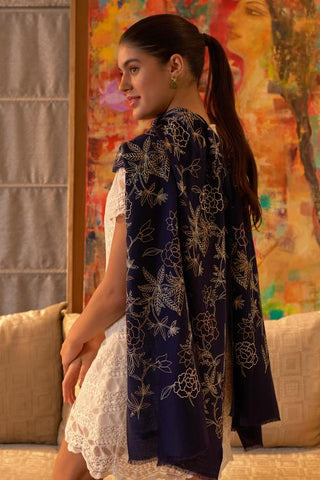 Stole Indian Wedding - Blue Golden Peony Fine Merino Wool by Mauli