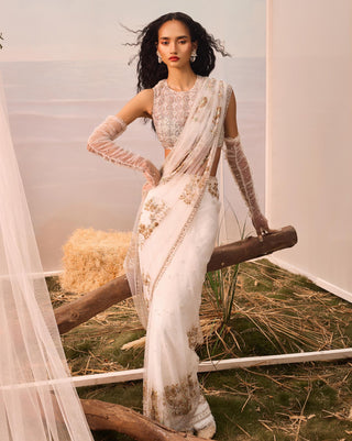 White florentia pre-stitched sari with blouse