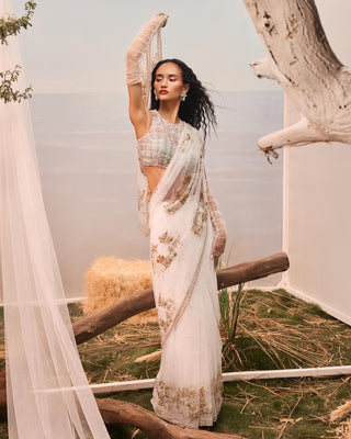 White florentia pre-stitched sari with blouse