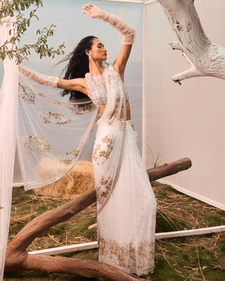 White florentia pre-stitched sari with blouse