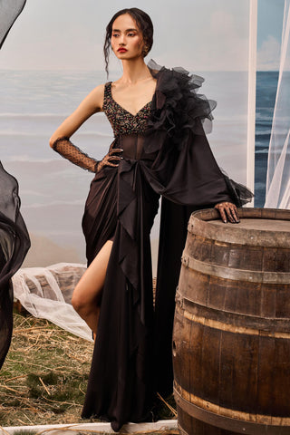 Black florentia drape sari with bodysuit