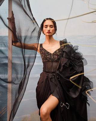 Black florentia drape sari with bodysuit