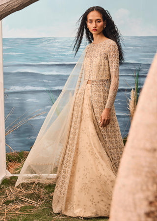 Beige florentia jacket with lehenga and dupatta