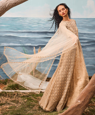 Beige florentia jacket with lehenga and dupatta