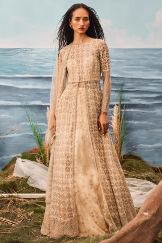 Beige florentia jacket with lehenga and dupatta