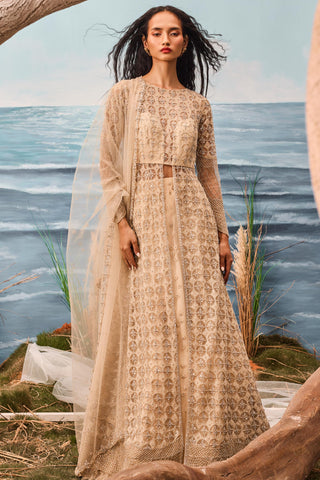 Beige florentia jacket with lehenga and dupatta